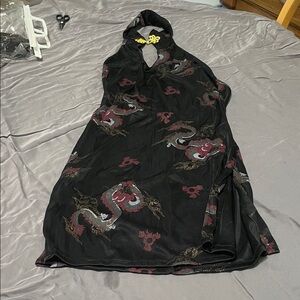 Black Halter Dress with Red Dragon Print